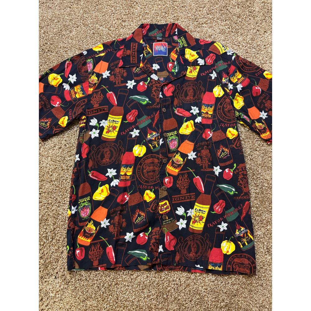 Vintage Dem Crazy Sauce All Over Print Rayon Blend Hawaiian Shirt Size Large